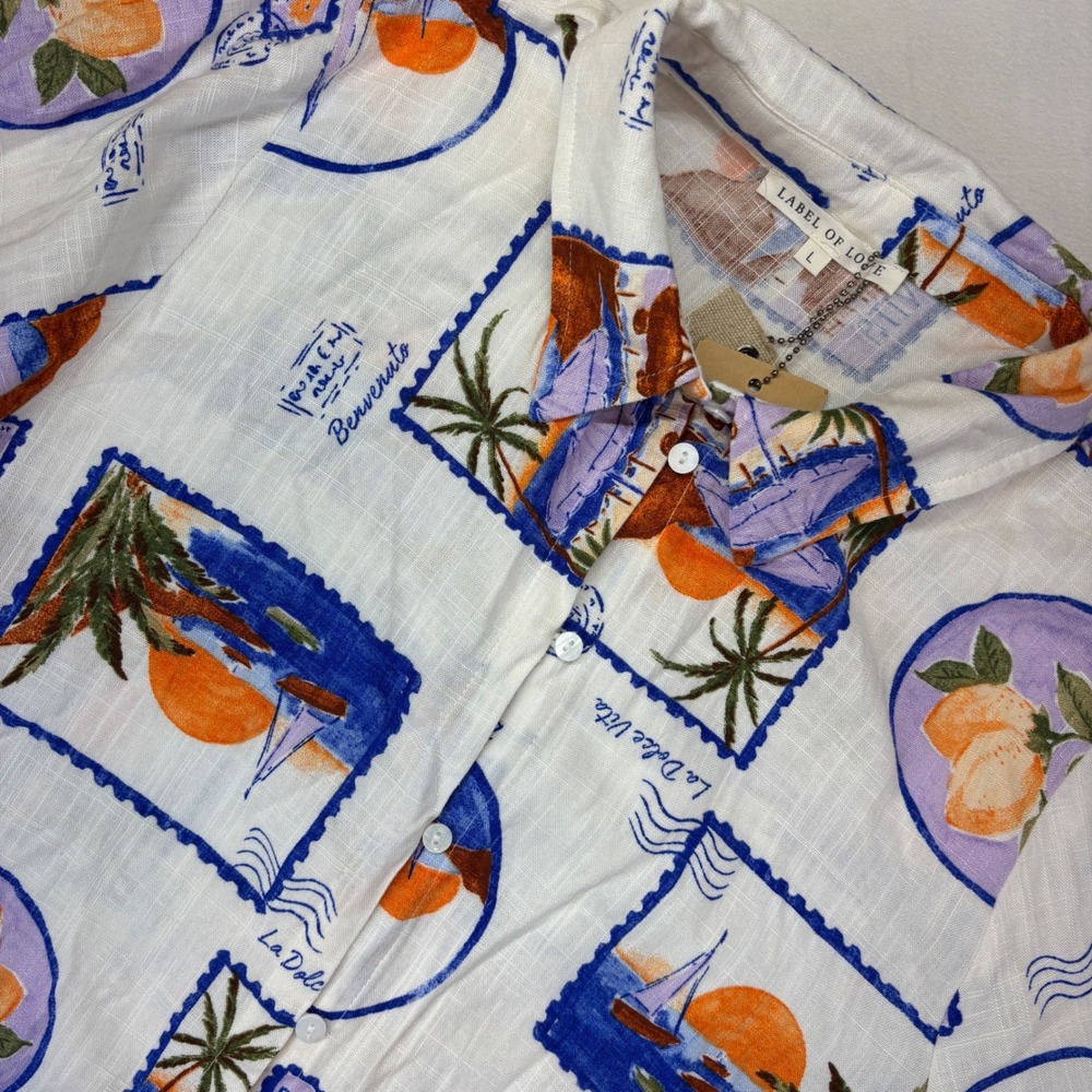 Label of Love Mens Linen Blend Postcard‎ Print Button Down Shirt Blue Moon L NEW - Picture 2 of 11